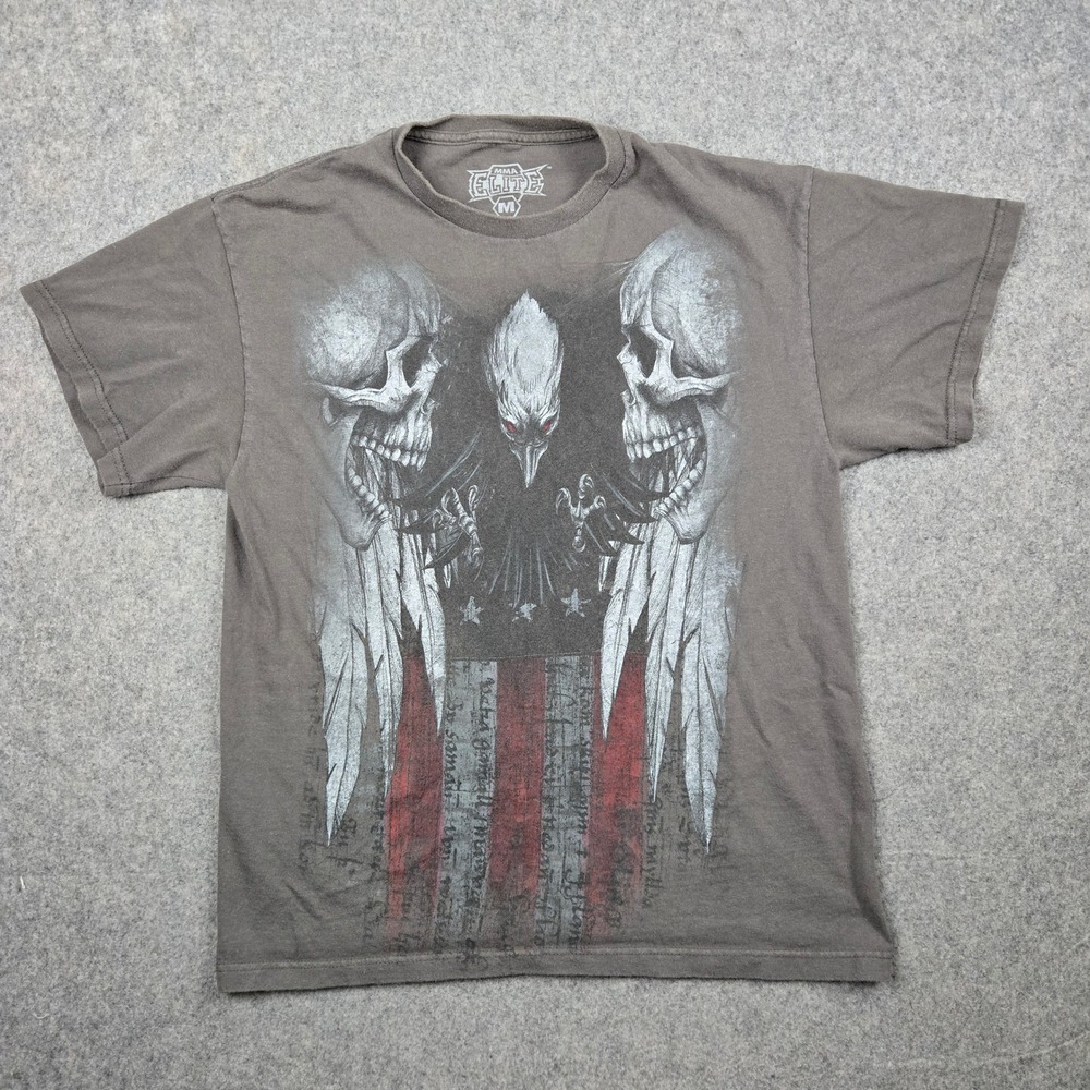 MMA‎ Elite Graphic T Shirt Mens Medium Gray Skulls Eagle American Flag Y2K Goth